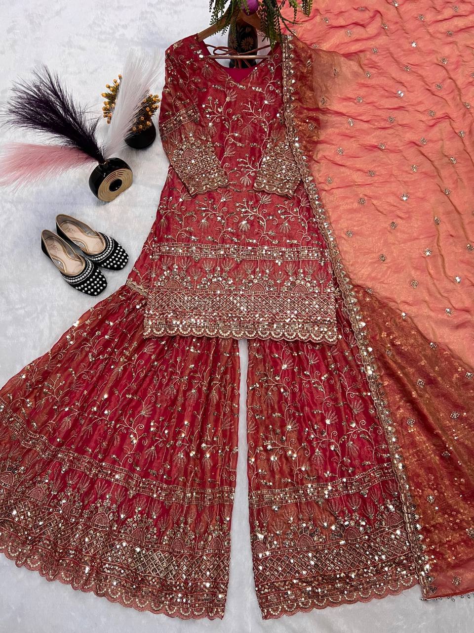 Heavy Fandy Crush Silk kurta with Sharara set
