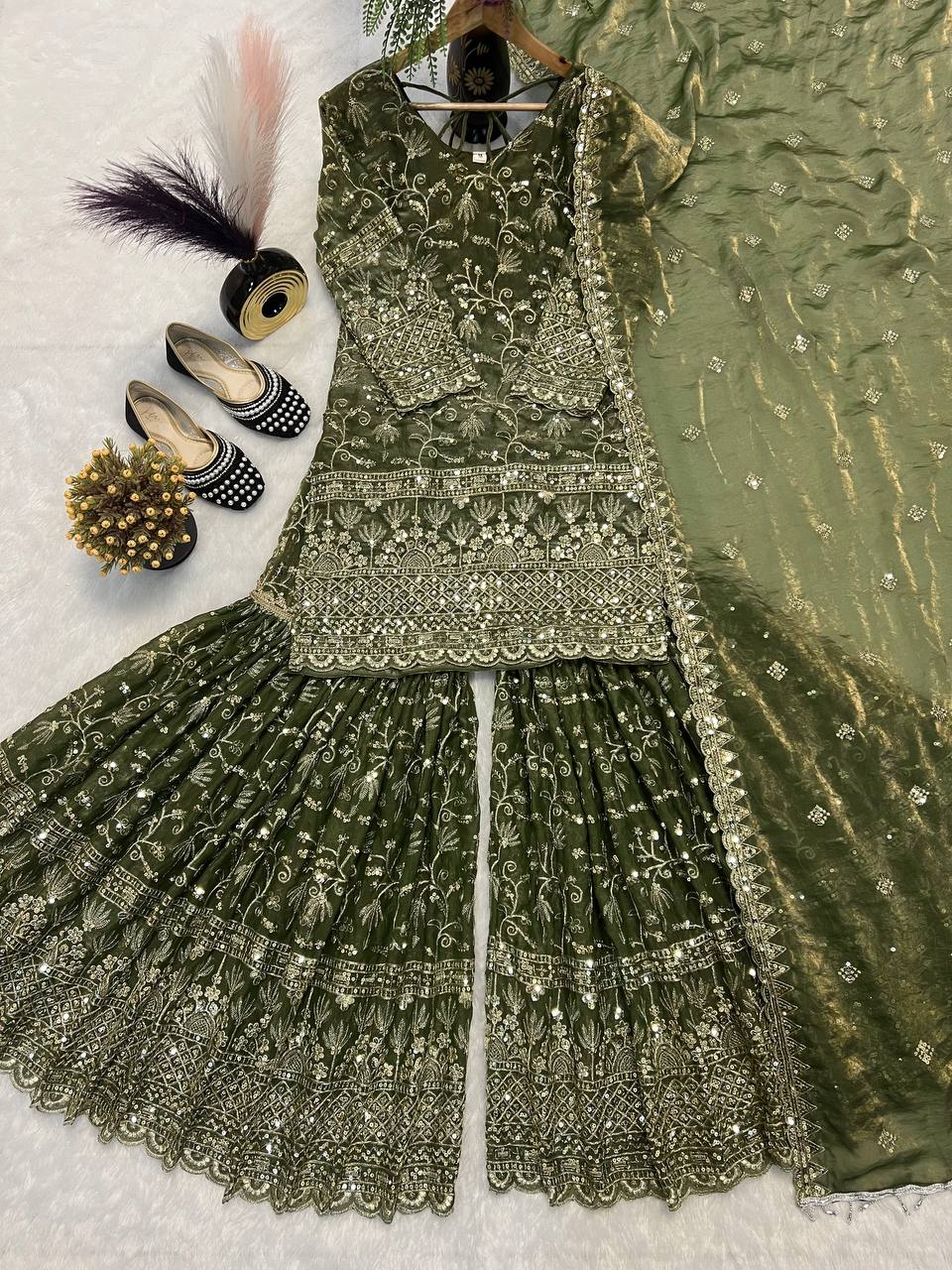 Heavy Fandy Crush Silk kurta with Sharara set