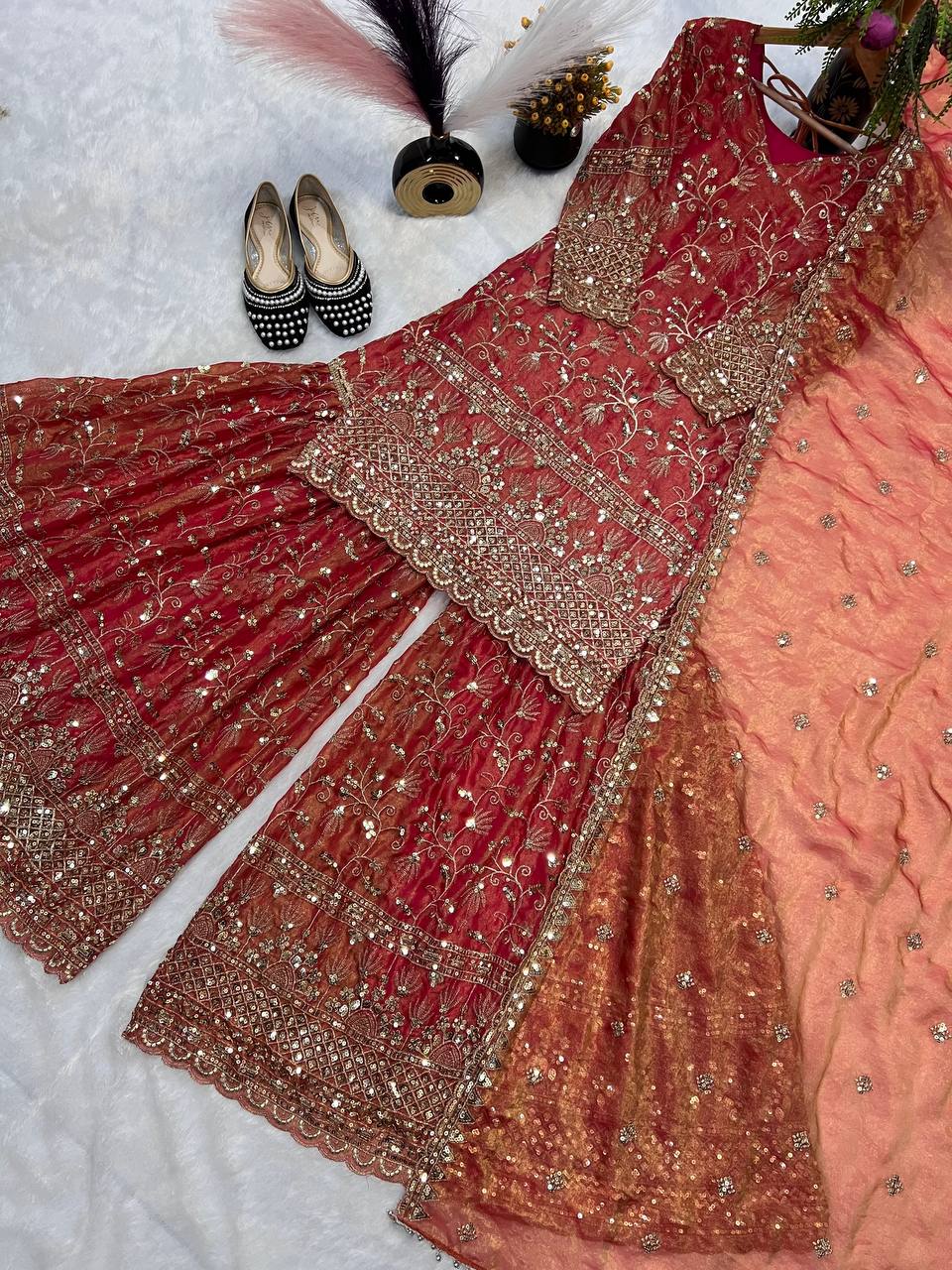 Heavy Fandy Crush Silk kurta with Sharara set