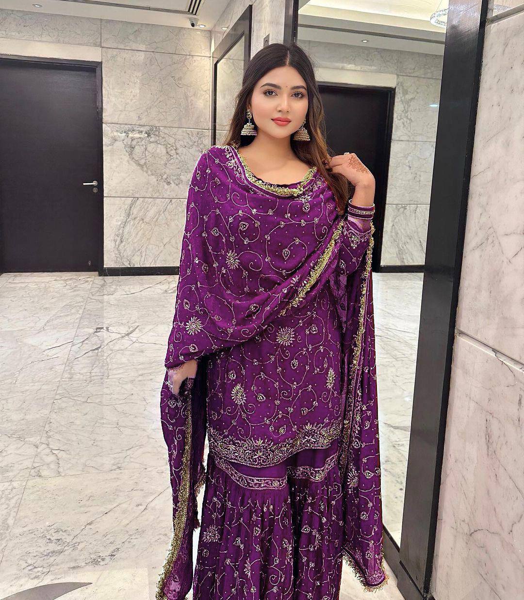 Festival wear Georgette Embroidered Top &amp; Sharara Set with Dupatta