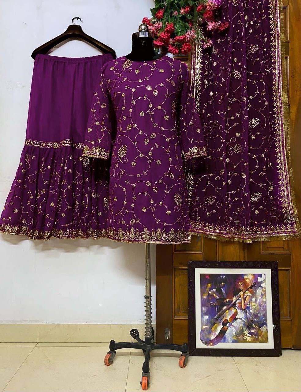 Festival wear Georgette Embroidered Top &amp; Sharara Set with Dupatta