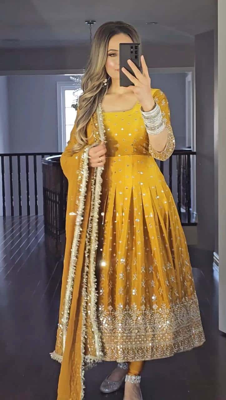 "Luxury Heavy Pur Chinon Silk Anarkali Set with Embroidery and Tassels"