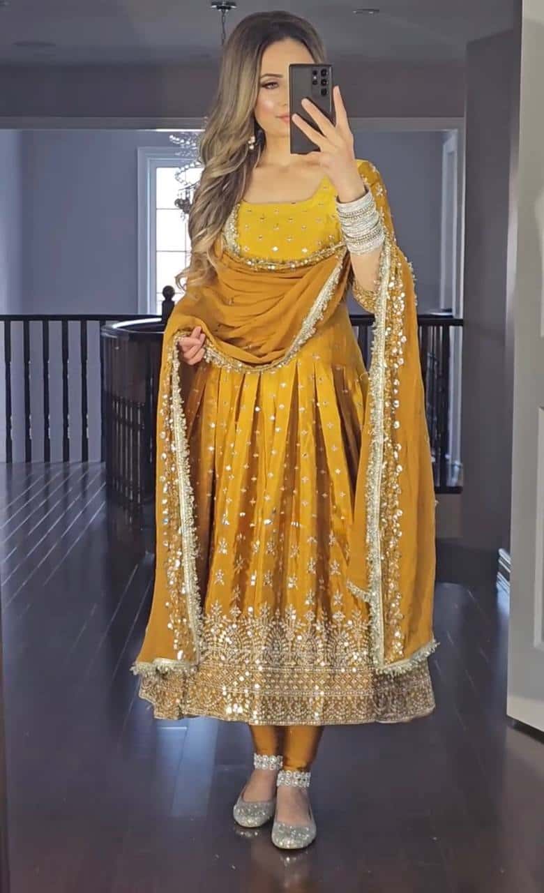 "Luxury Heavy Pur Chinon Silk Anarkali Set with Embroidery and Tassels"