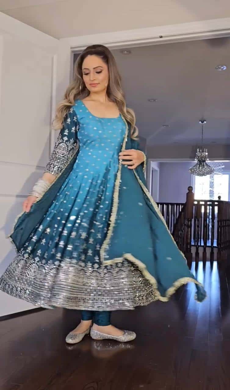 "Luxury Heavy Pur Chinon Silk Anarkali Set with Embroidery and Tassels"