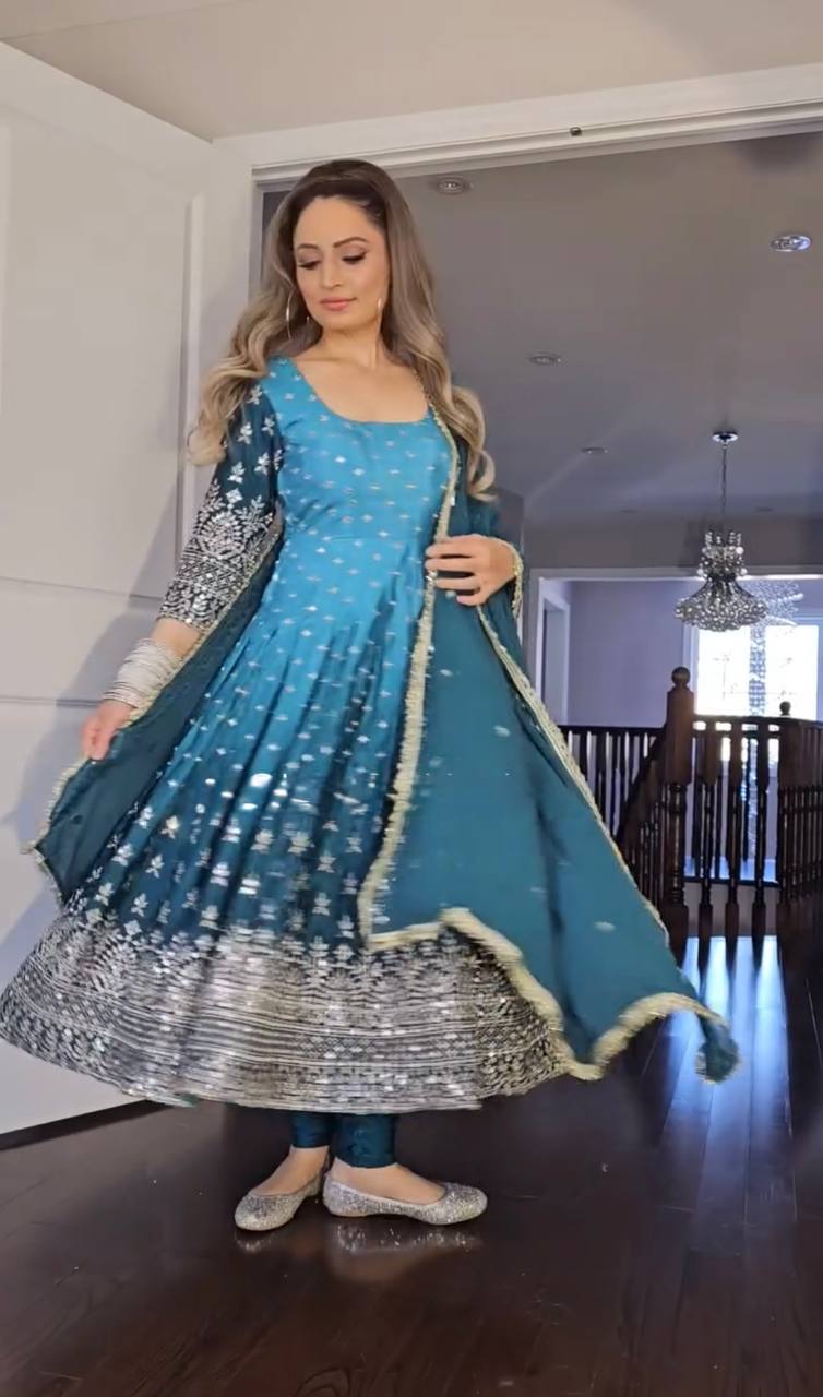 Heavy Chinon Silk with padding and embroidery work Gown Pant with Dupatta