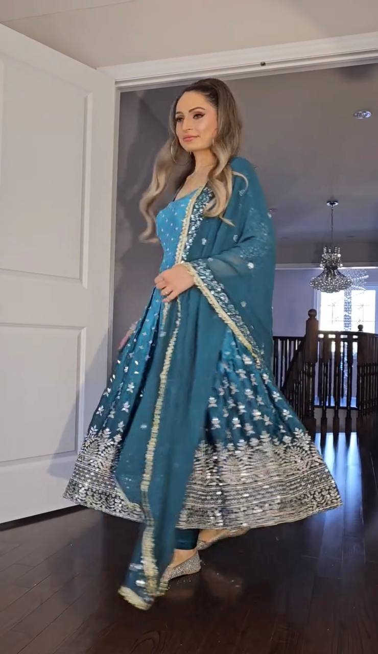 Heavy Chinon Silk with padding and embroidery work Gown Pant with Dupatta