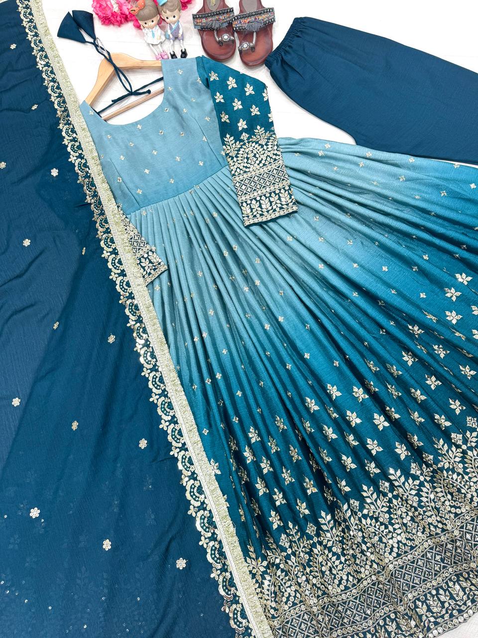 Heavy Chinon Silk with padding and embroidery work Gown Pant with Dupatta