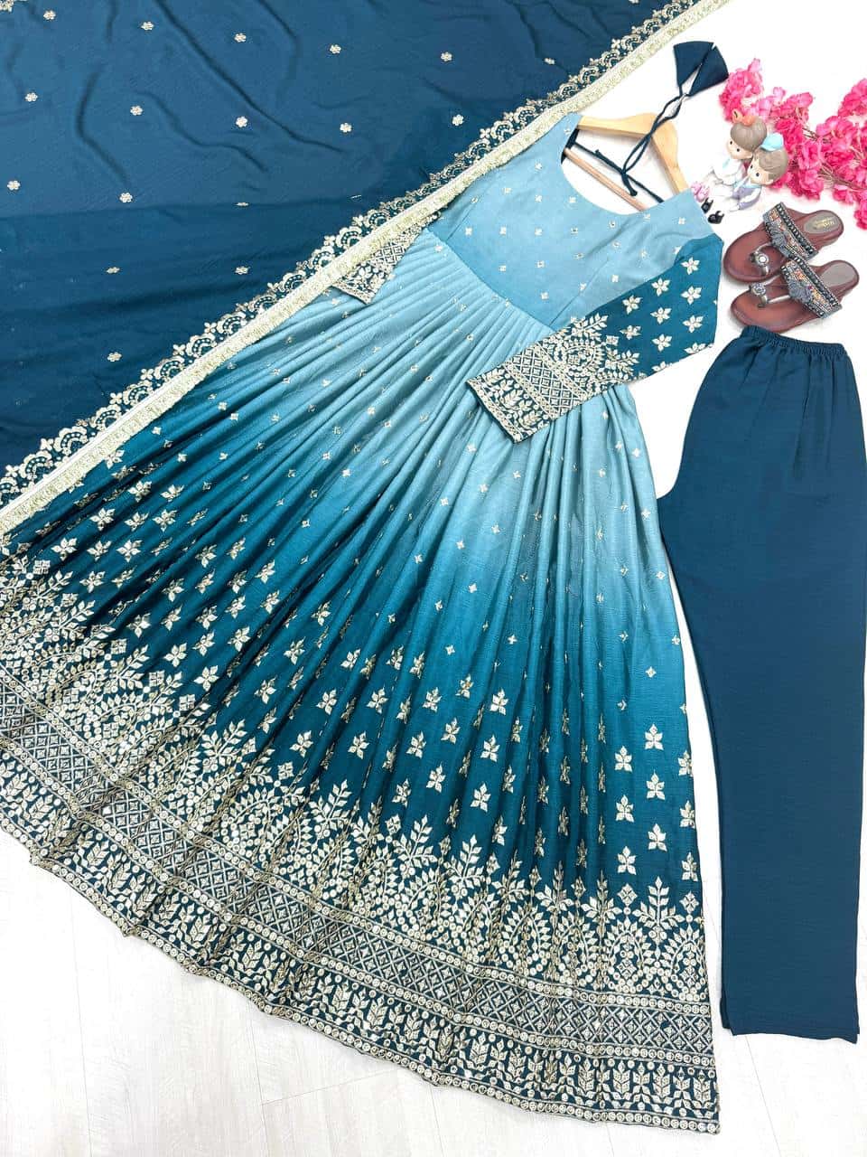 "Luxury Heavy Pur Chinon Silk Anarkali Set with Embroidery and Tassels"