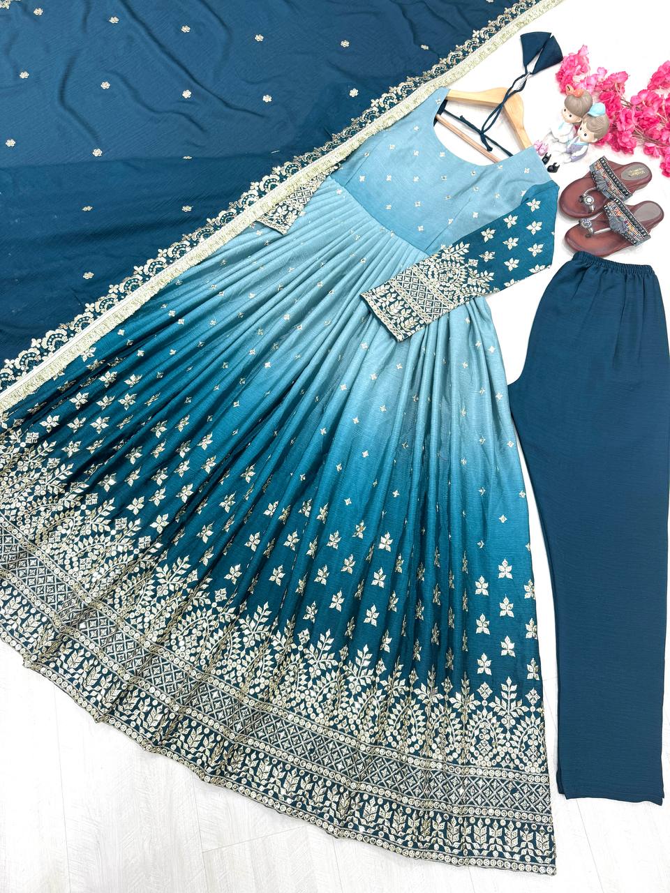 Heavy Chinon Silk with padding and embroidery work Gown Pant with Dupatta