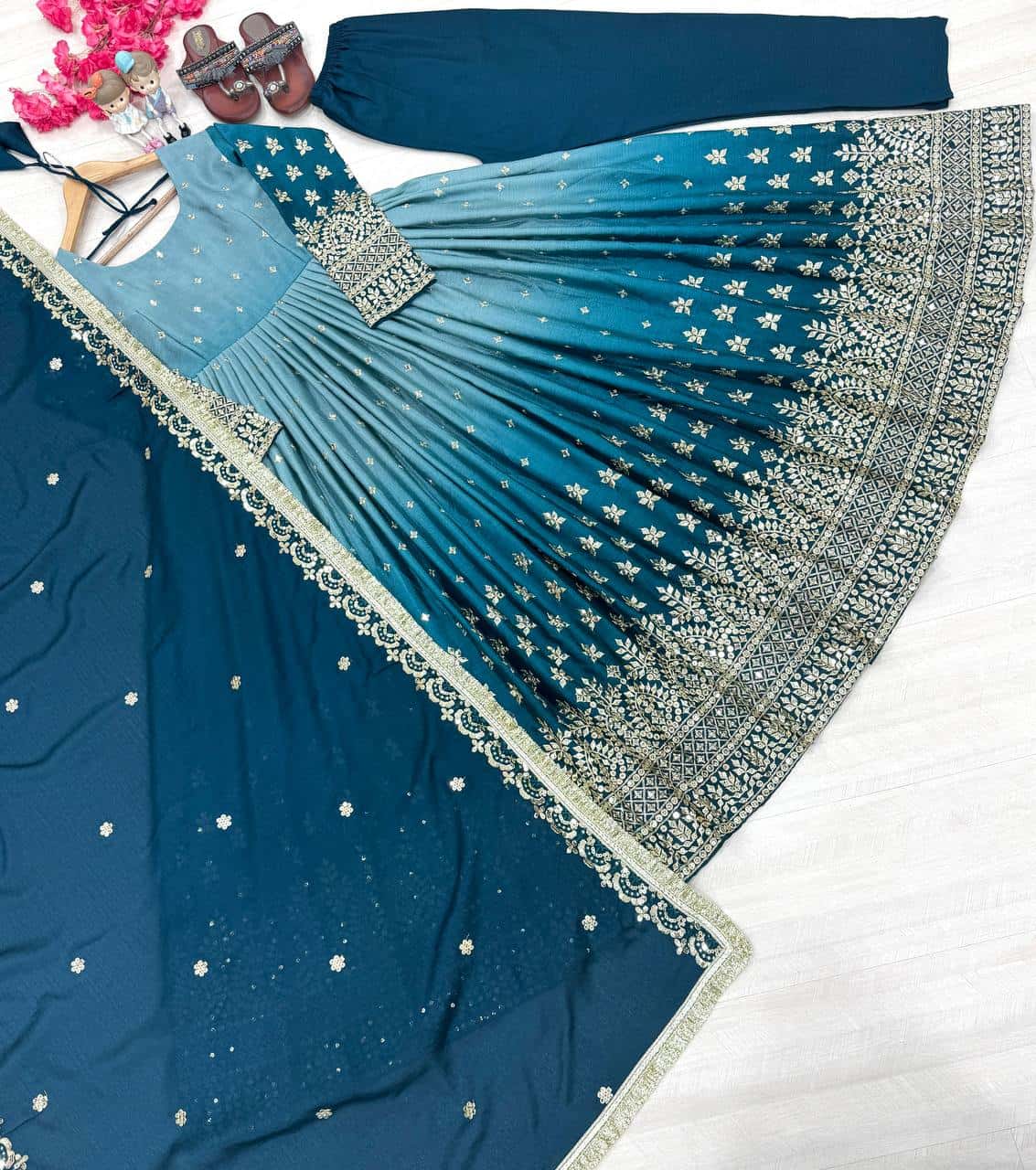 "Luxury Heavy Pur Chinon Silk Anarkali Set with Embroidery and Tassels"