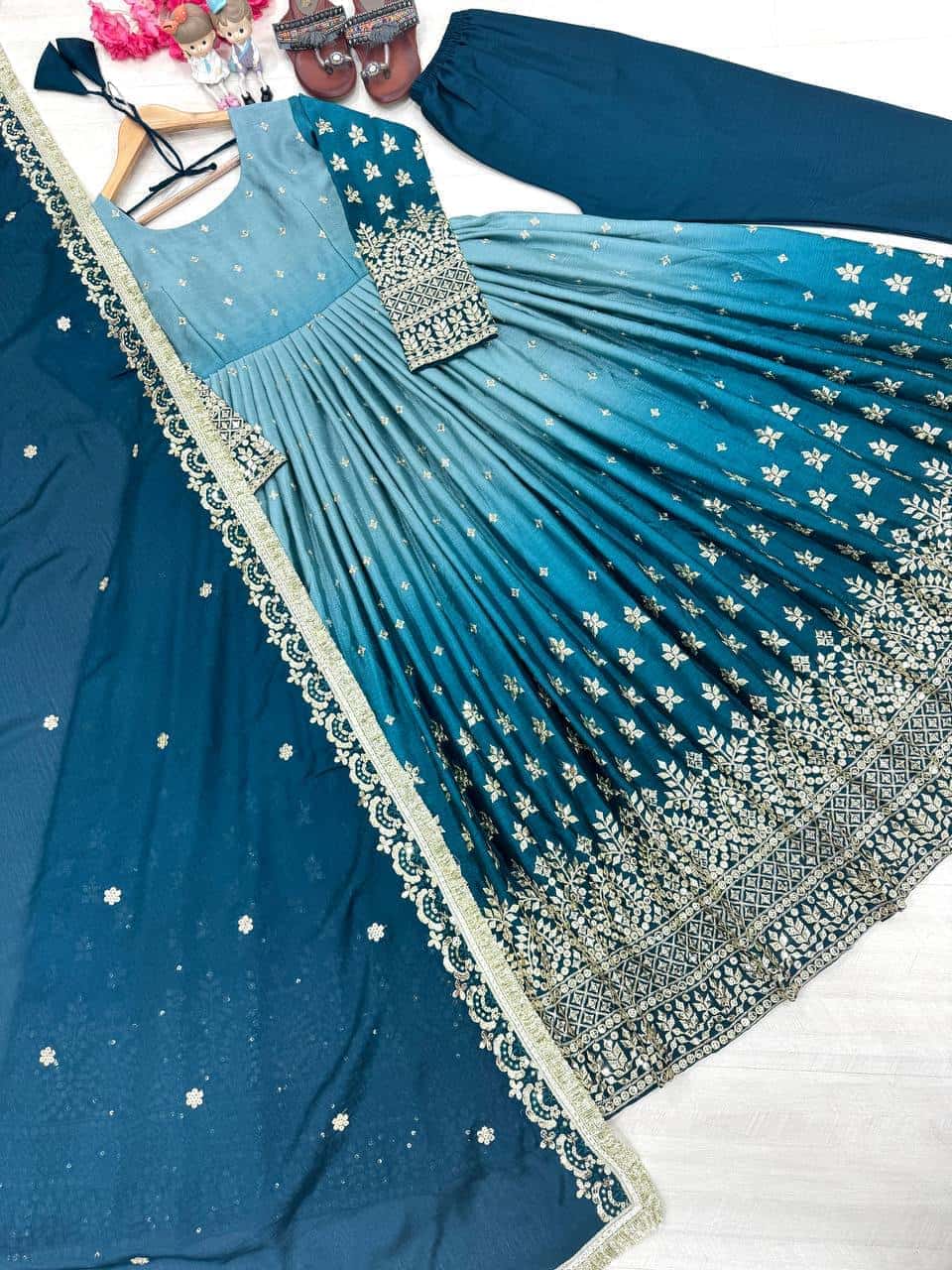 Heavy Chinon Silk with padding and embroidery work Gown Pant with Dupatta