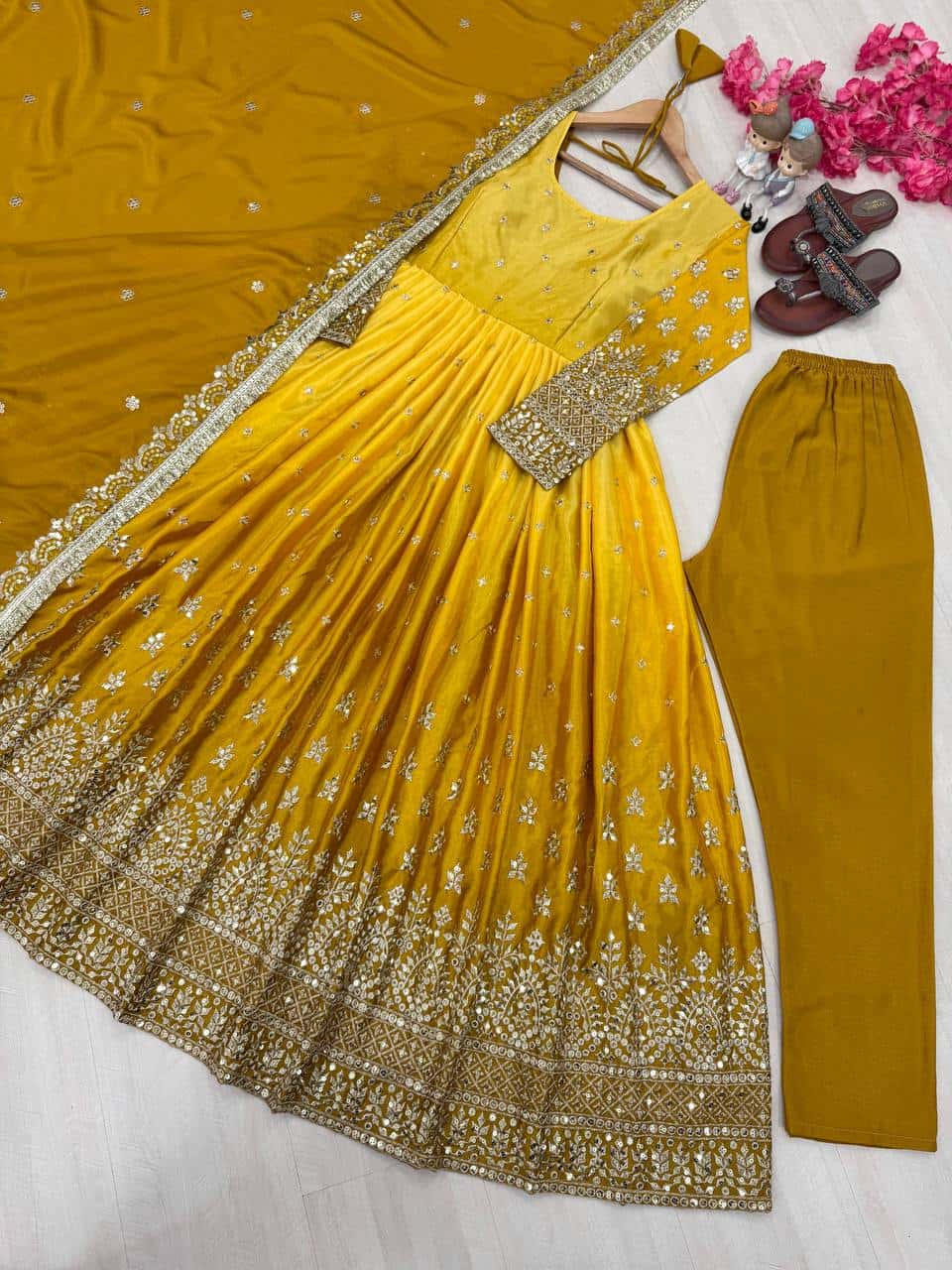 "Luxury Heavy Pur Chinon Silk Anarkali Set with Embroidery and Tassels"