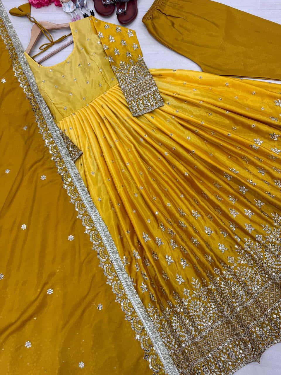 "Luxury Heavy Pur Chinon Silk Anarkali Set with Embroidery and Tassels"
