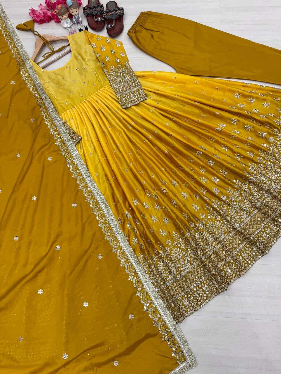 "Luxury Heavy Pur Chinon Silk Anarkali Set with Embroidery and Tassels"