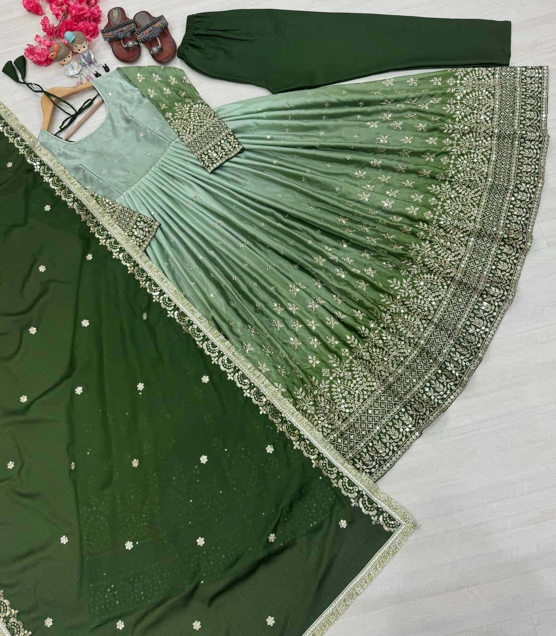 "Luxury Heavy Pur Chinon Silk Anarkali Set with Embroidery and Tassels"