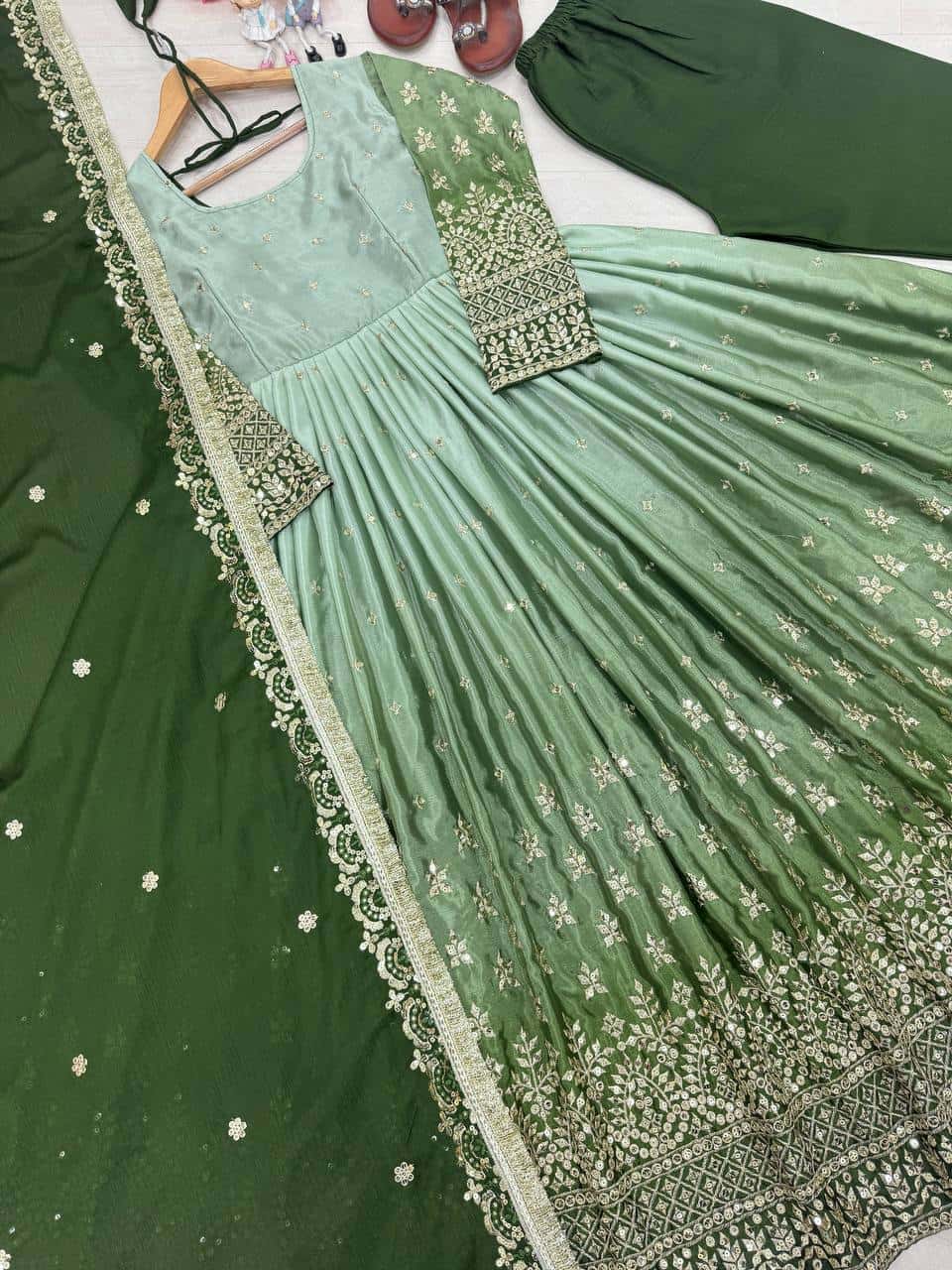 "Luxury Heavy Pur Chinon Silk Anarkali Set with Embroidery and Tassels"