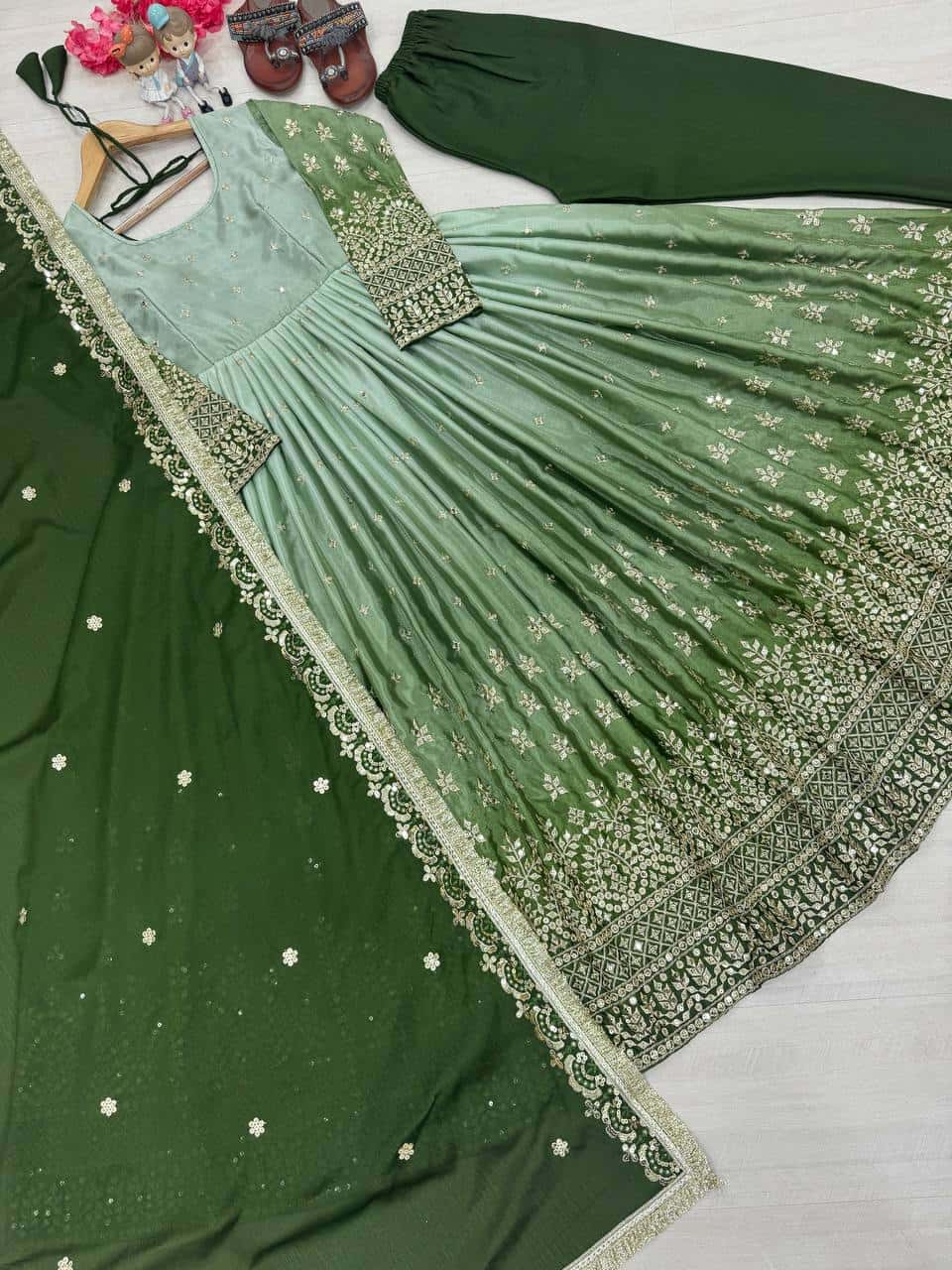 "Luxury Heavy Pur Chinon Silk Anarkali Set with Embroidery and Tassels"