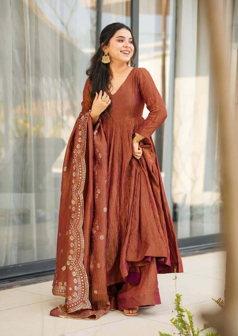 Luxury Heavy Fandy Silk Full Sleeve Gown with Embroidered Dupatta and Flared Bottom