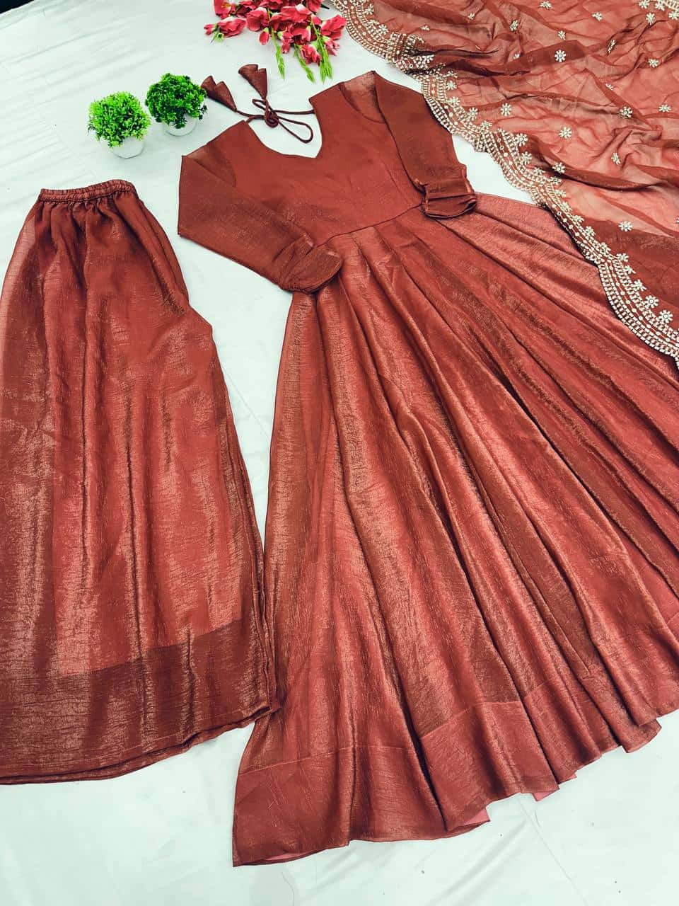 Luxury Heavy Fandy Silk Full Sleeve Gown with Embroidered Dupatta and Flared Bottom