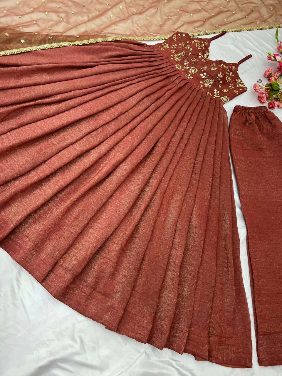 "Embroidered Fandy Silk Gown with Twill Net Dupatta & Elastic Bottom"