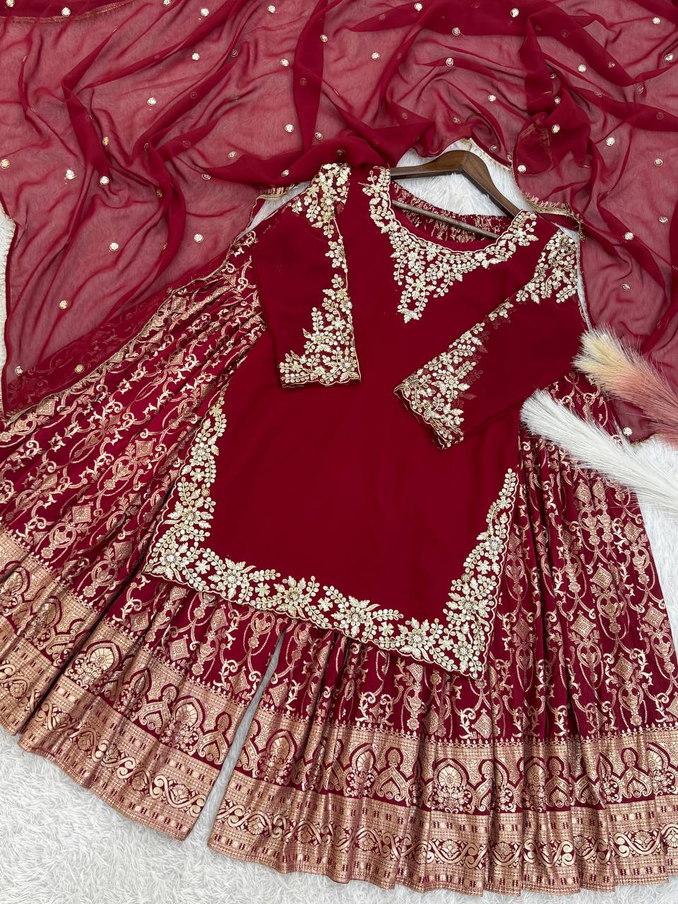 Wedding wear heavy red kurta Jacquard Silk sharara suit sets