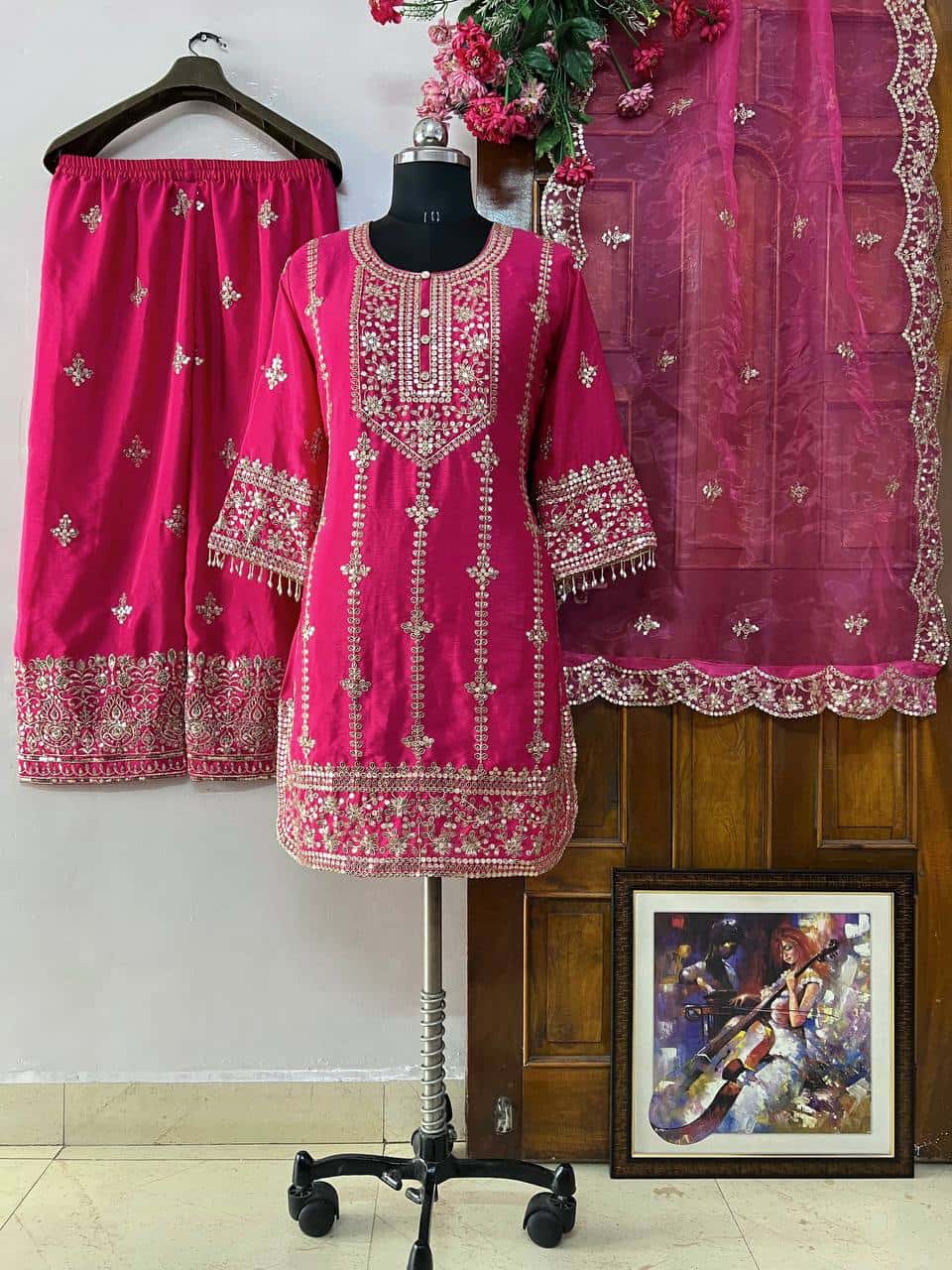 Heavy chinon silk sequence embroidery readymade stitch salwar suit