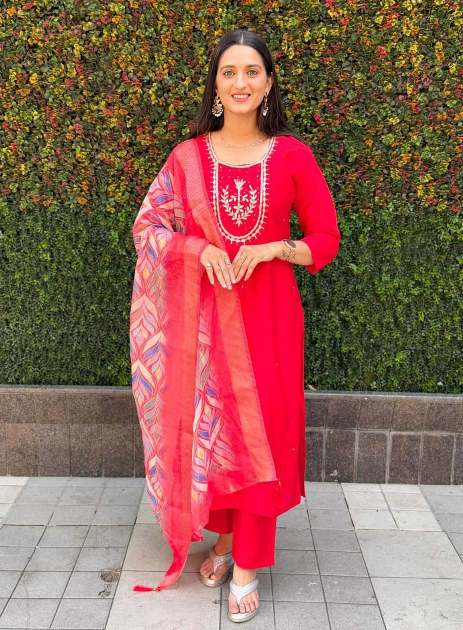 "Premium Red Roman Silk Dress with Heavy Chanderi Dupatta and Handwork"