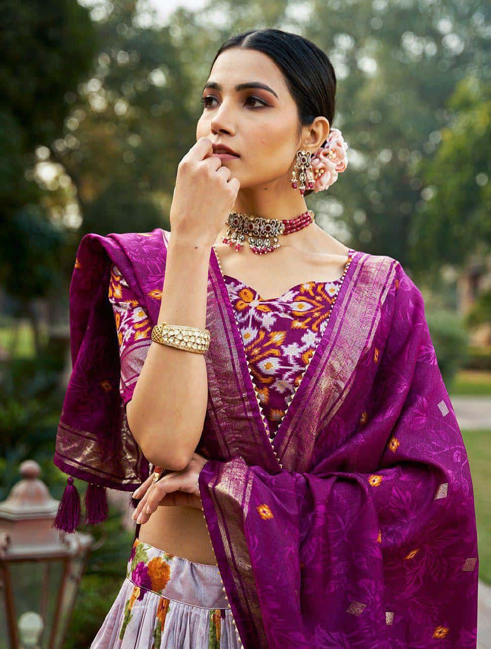 Girls Patola Print Blouse with Lehenga