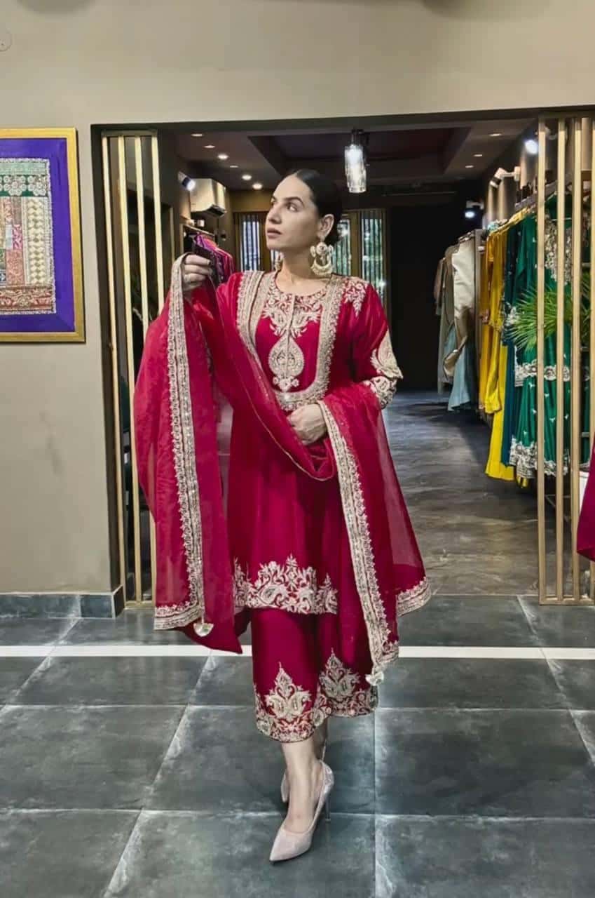 Heavy Chinon Silk with heavy embroidery Top Pant with Dupatta Set