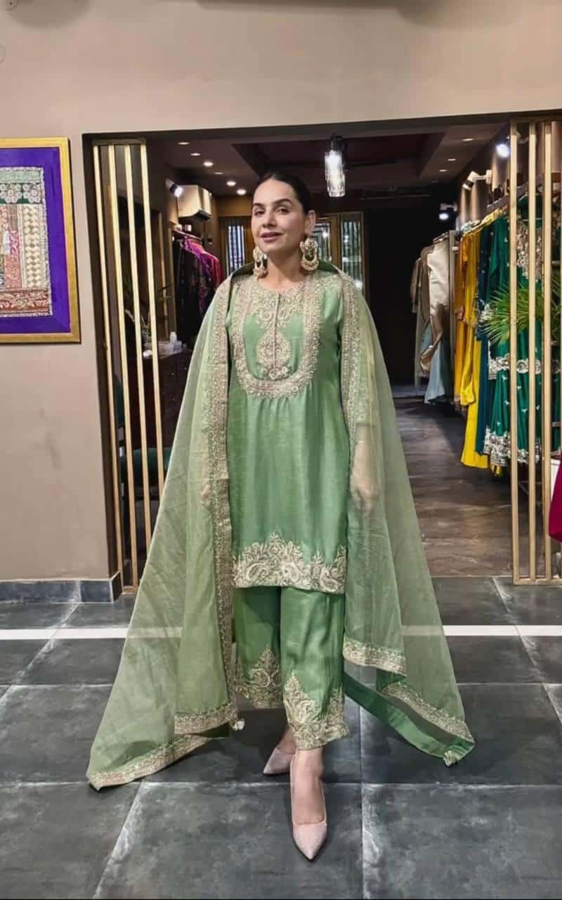 Heavy Chinon Silk with heavy embroidery Top Pant with Dupatta Set