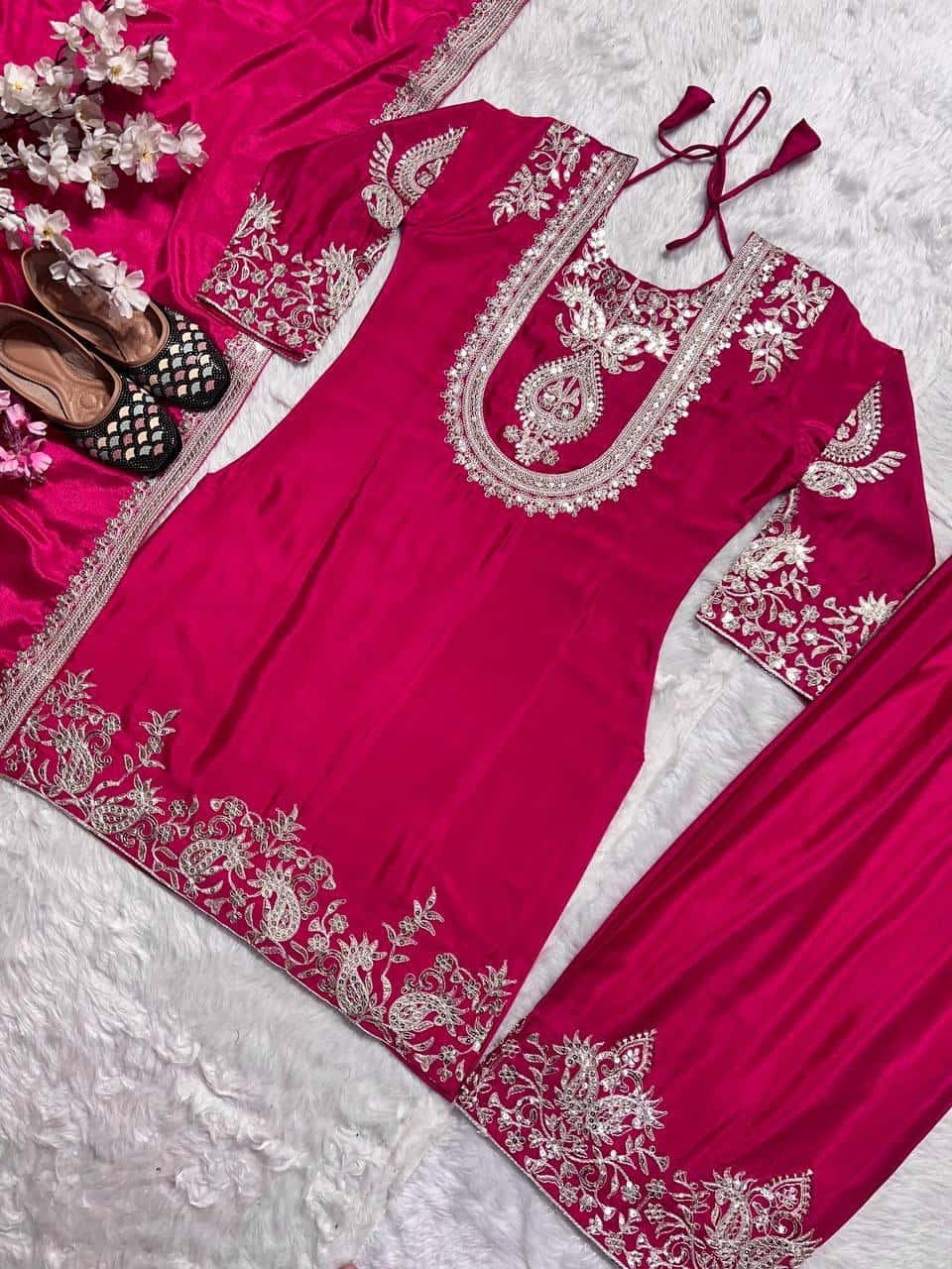 Heavy Chinon Silk with heavy embroidery Top Pant with Dupatta Set