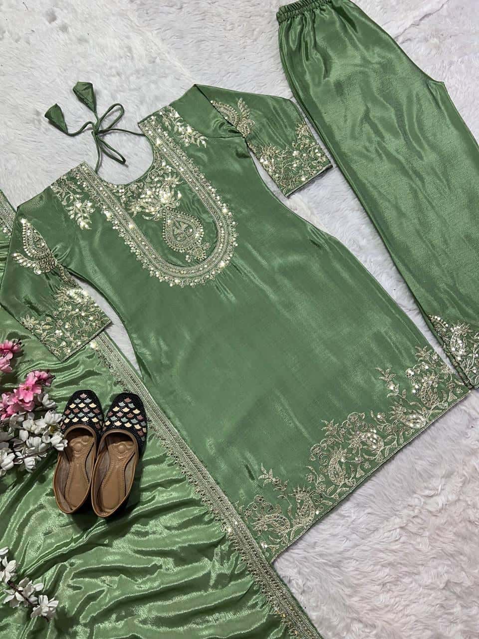 Heavy Chinon Silk with heavy embroidery Top Pant with Dupatta Set