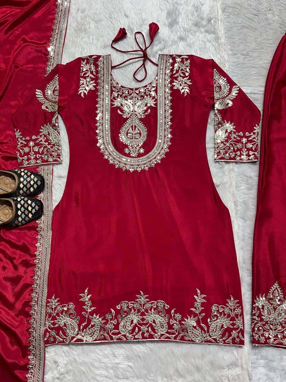 Heavy Chinon Silk with heavy embroidery Top Pant with Dupatta Set