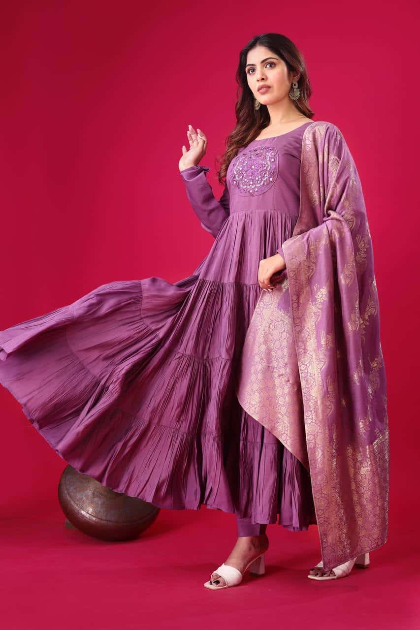 "Luxurious Embroidered Roman Silk Gown with Muslin Jacquard Dupatta & Micro Cotton Inner"