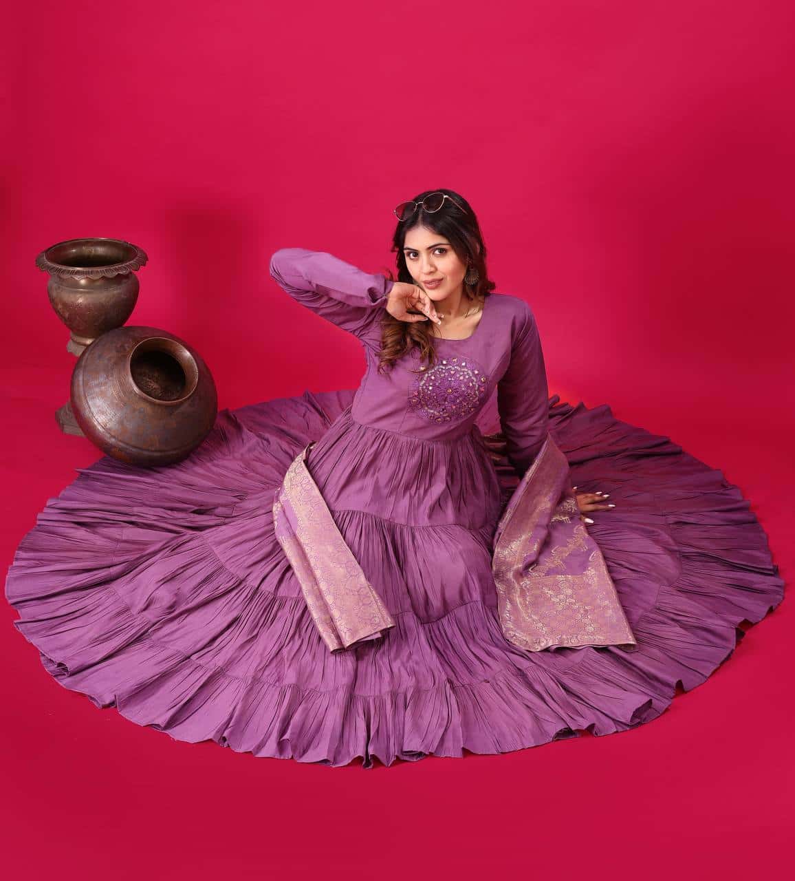 "Luxurious Embroidered Roman Silk Gown with Muslin Jacquard Dupatta & Micro Cotton Inner"