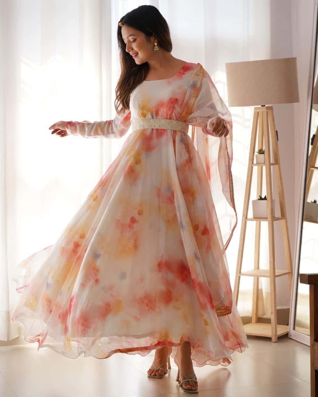 "Elegant Organza Taby Silk Gown with Digital Print & Handwork, 8 Meter Flair, and Embellished Dupatta"
