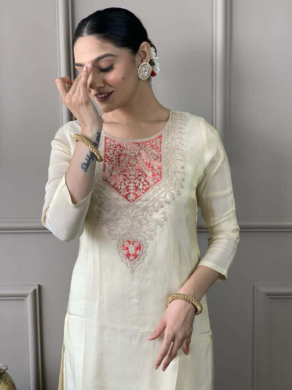 "Elegant PV Chanderi Set with Sequence Embroidery and Printed Silk Dupatta"