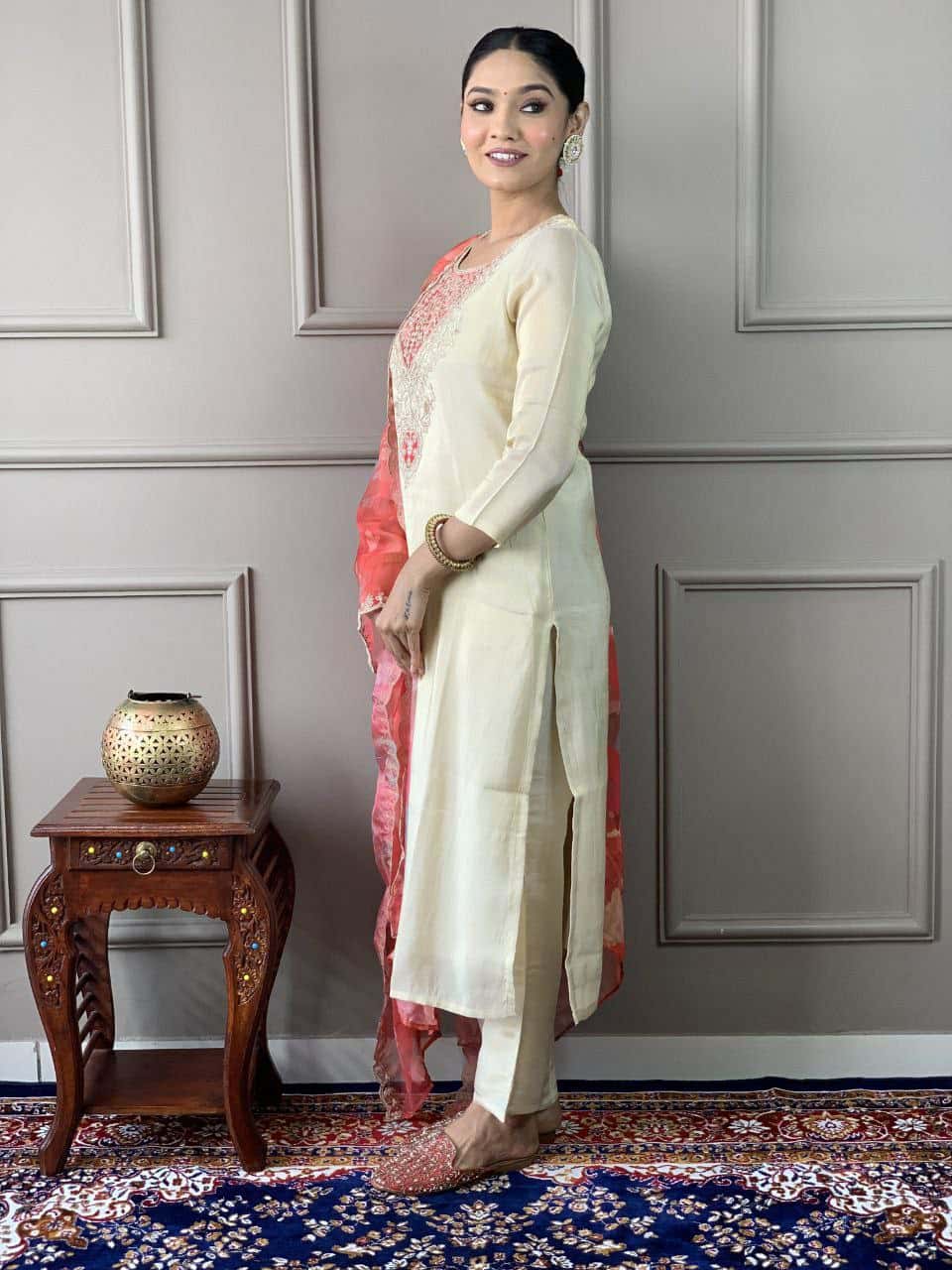 "Elegant PV Chanderi Set with Sequence Embroidery and Printed Silk Dupatta"
