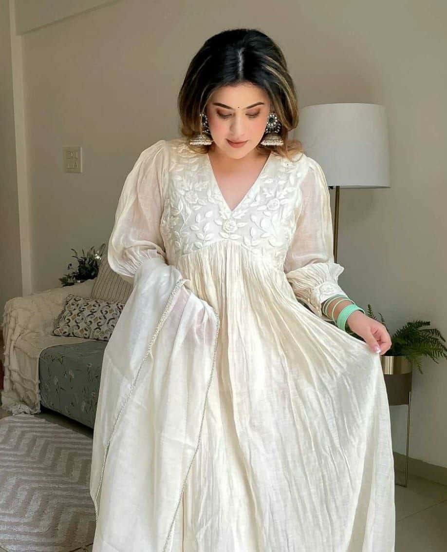 "Premium Embroidered Chanderi Silk Gown with Lace Detailing & Dupatta"