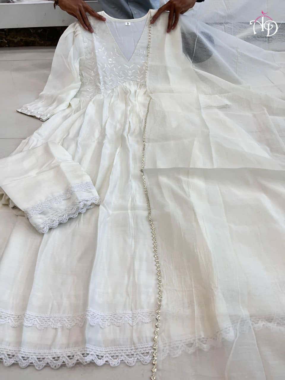"Premium Embroidered Chanderi Silk Gown with Lace Detailing & Dupatta"