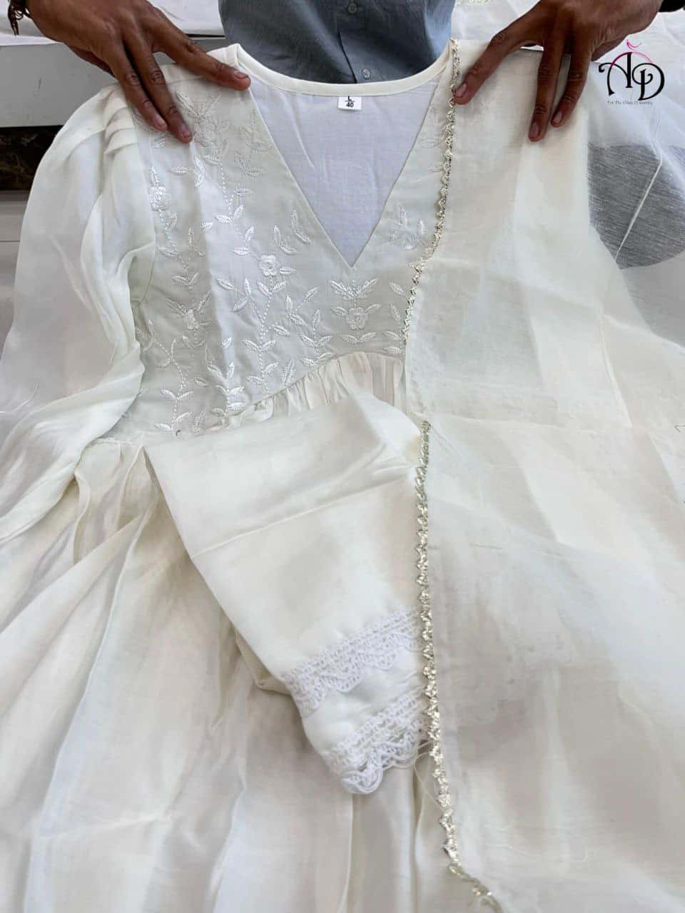 "Premium Embroidered Chanderi Silk Gown with Lace Detailing & Dupatta"