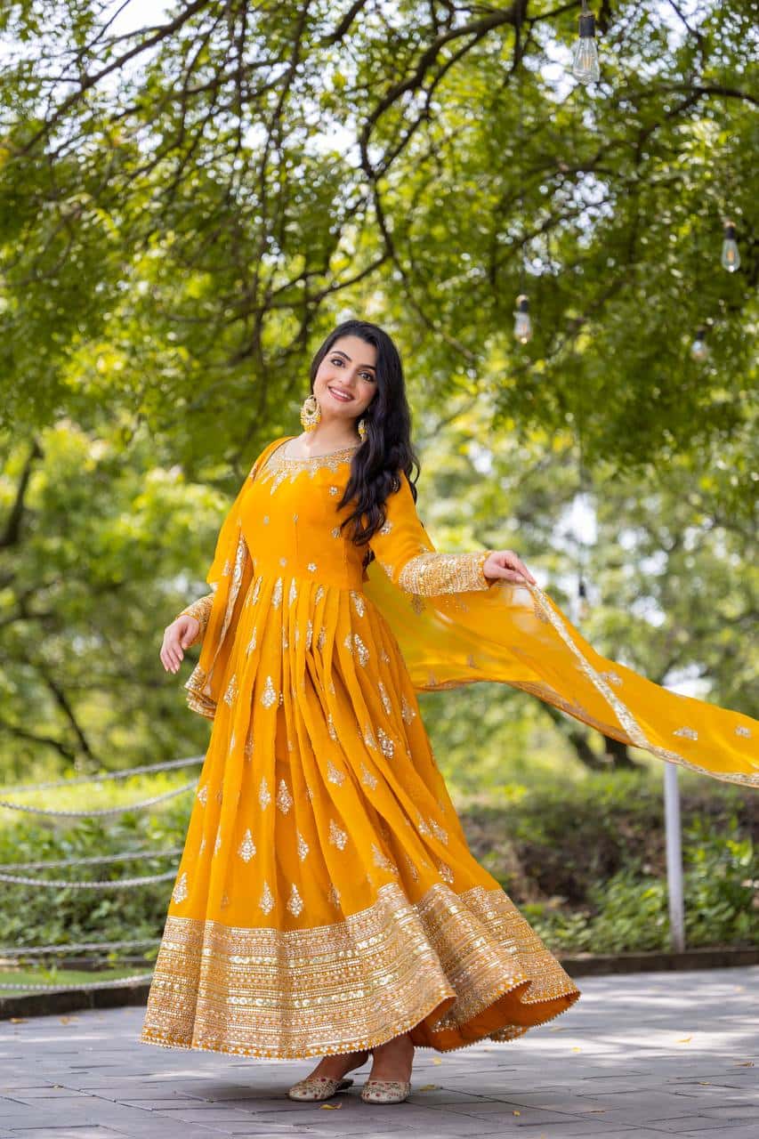 "Luxurious Embroidered Faux Georgette Gown with Sequence Work & Flowing Dupatta"