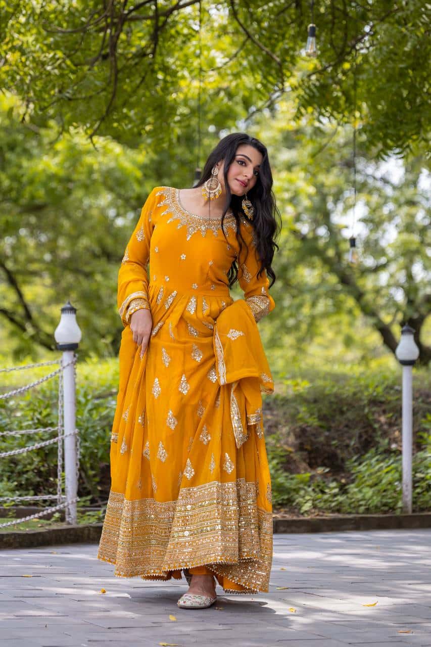 "Luxurious Embroidered Faux Georgette Gown with Sequence Work & Flowing Dupatta"