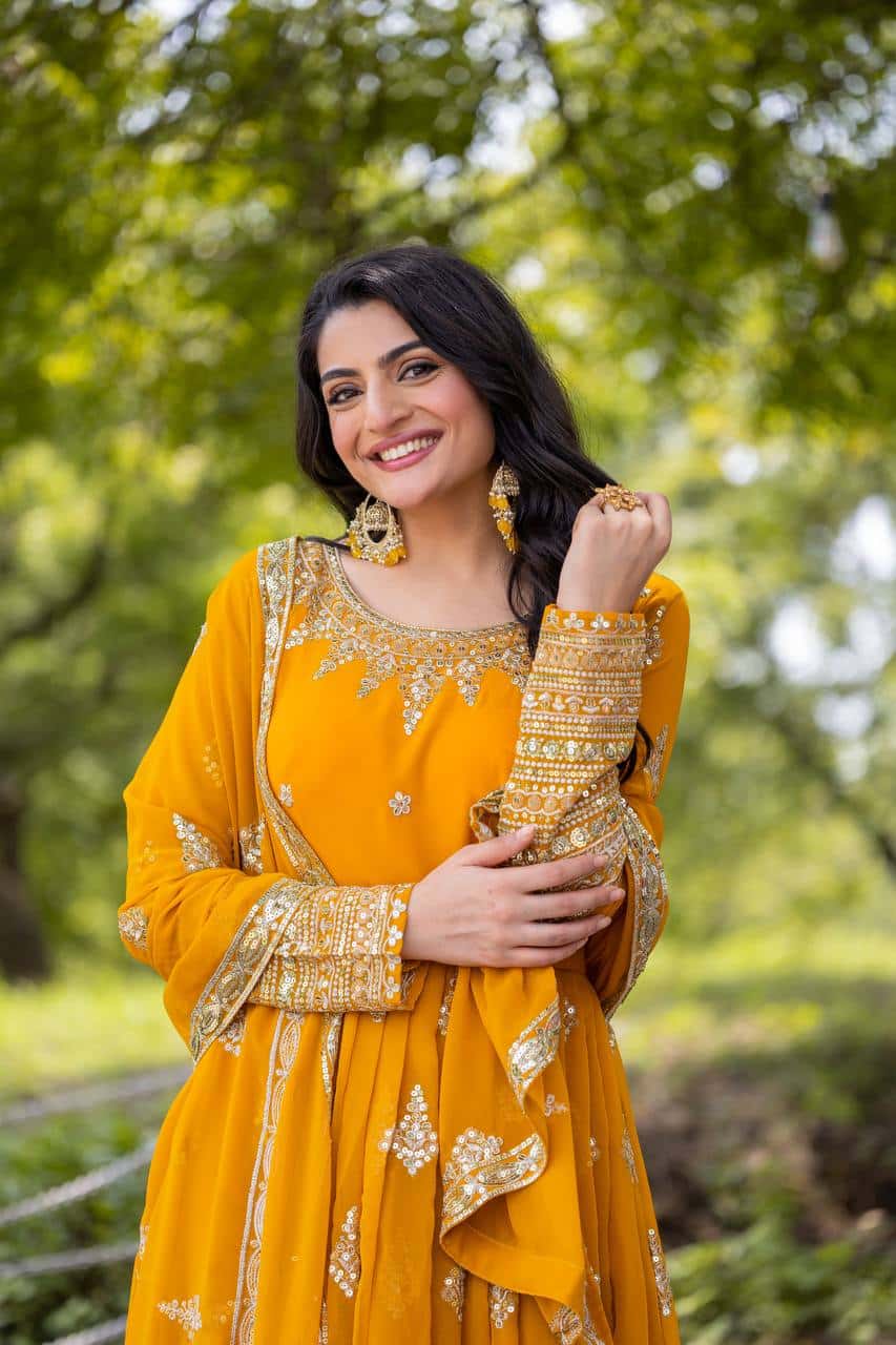 "Luxurious Embroidered Faux Georgette Gown with Sequence Work & Flowing Dupatta"