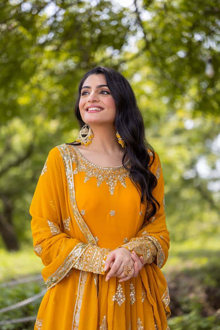 "Luxurious Embroidered Faux Georgette Gown with Sequence Work & Flowing Dupatta"