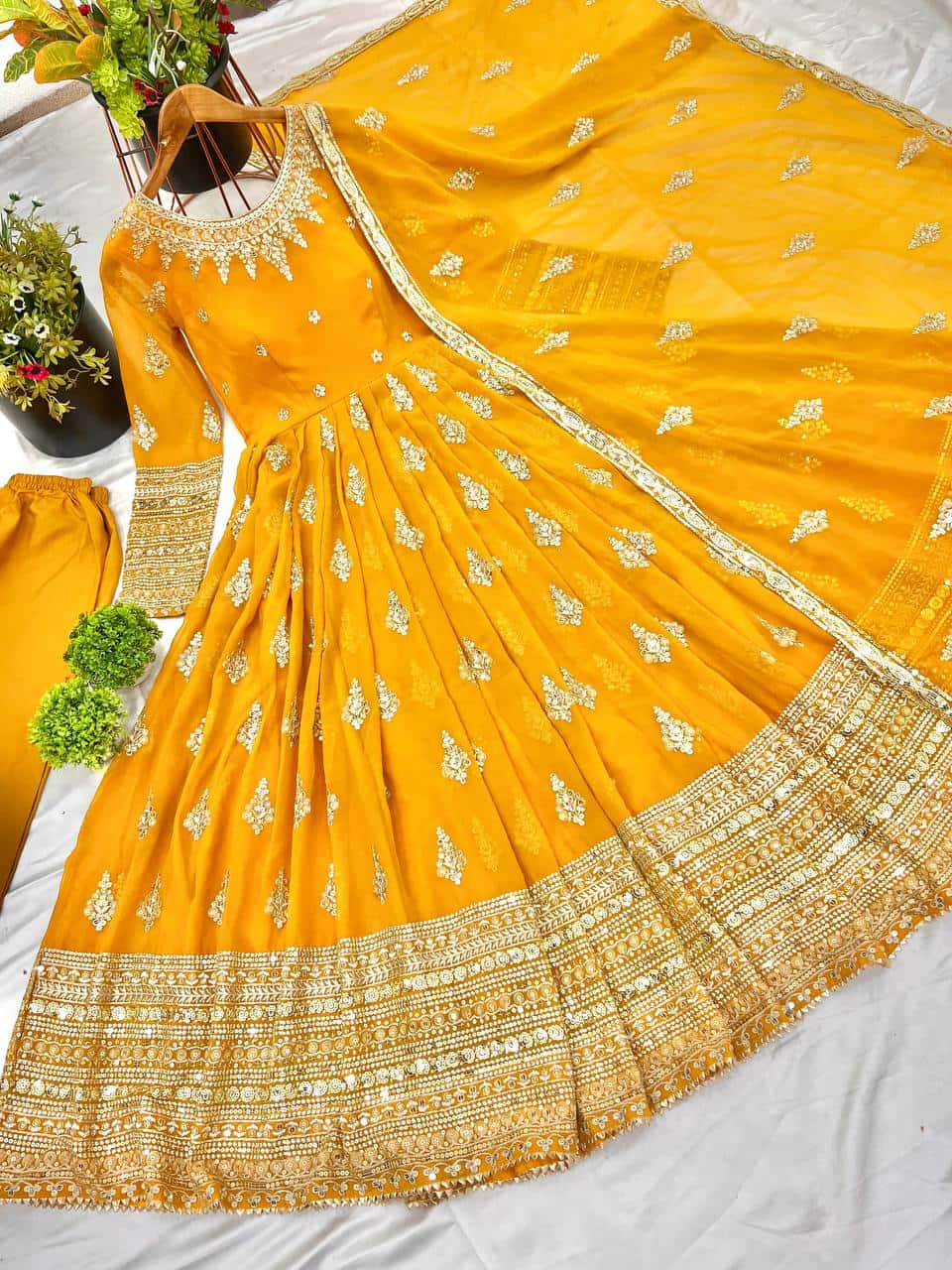 "Luxurious Embroidered Faux Georgette Gown with Sequence Work & Flowing Dupatta"