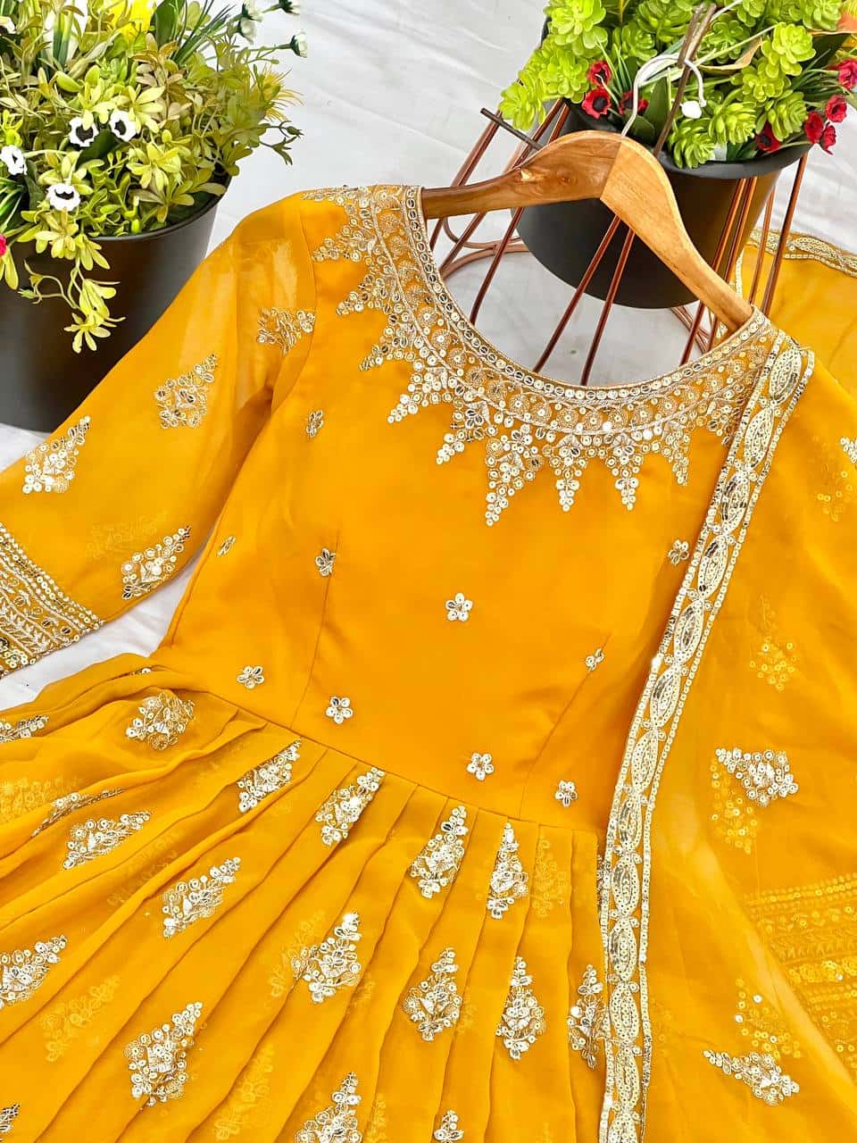 "Luxurious Embroidered Faux Georgette Gown with Sequence Work & Flowing Dupatta"