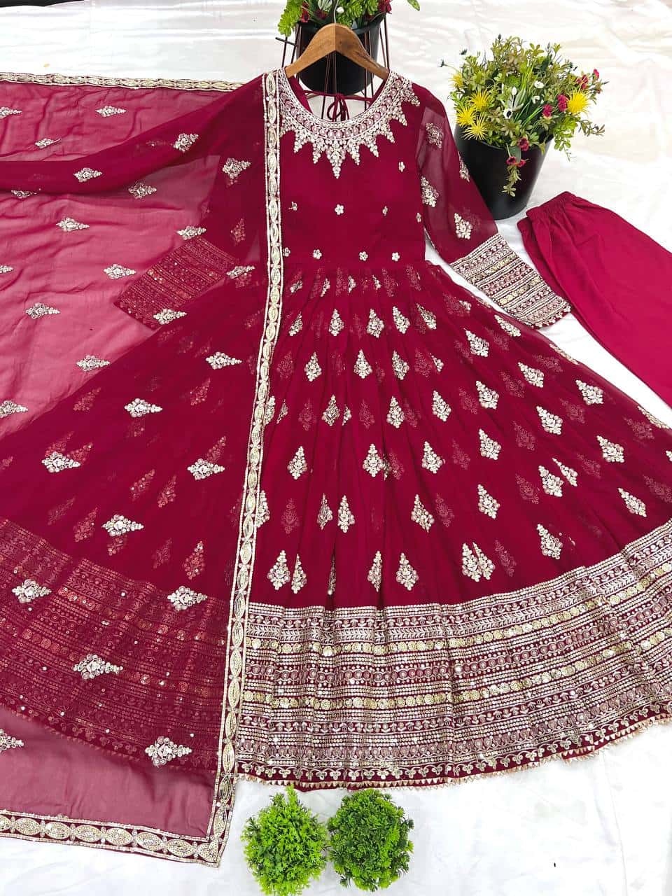 "Luxurious Embroidered Faux Georgette Gown with Sequence Work & Flowing Dupatta"