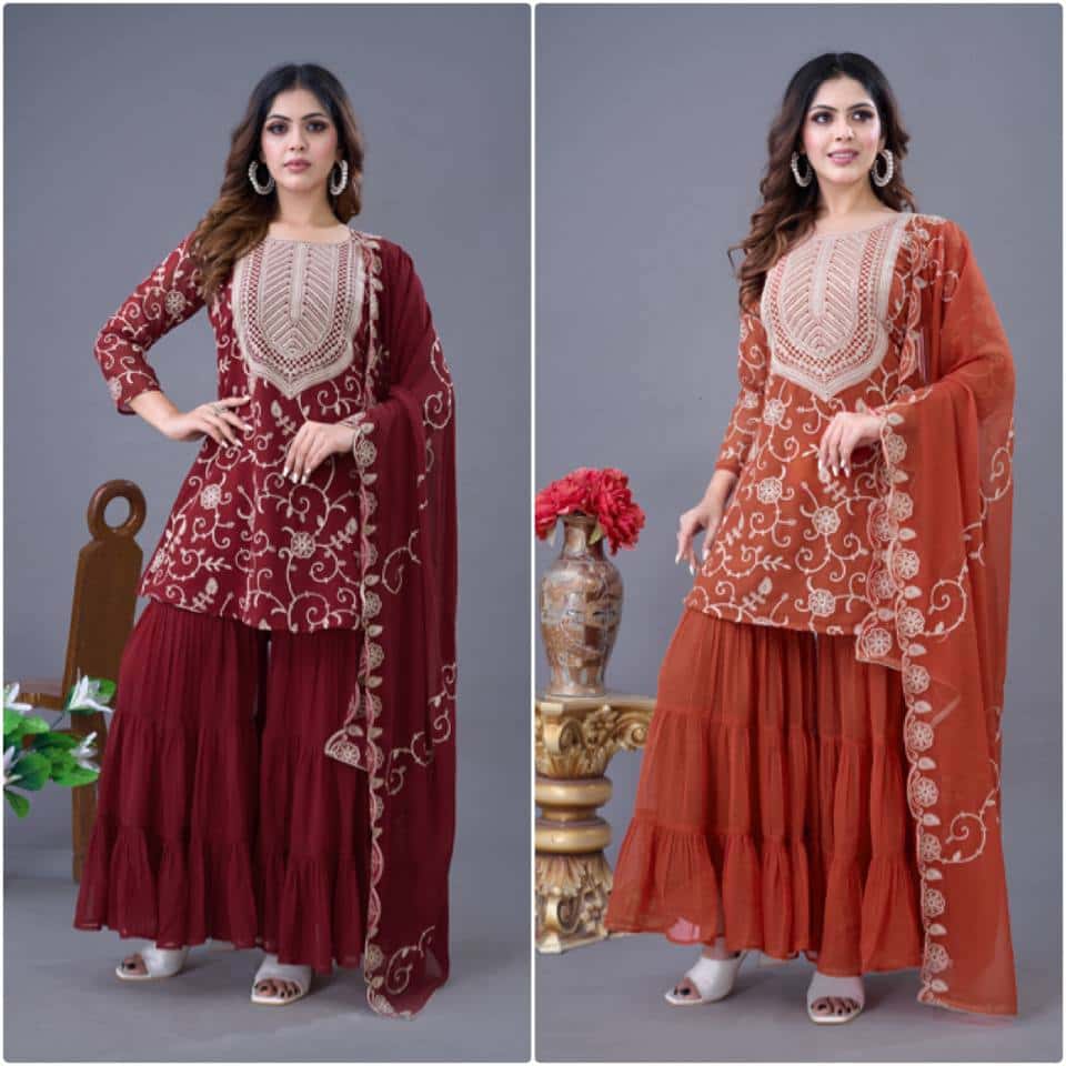 "Luxury Georgette Embroidered Top & Sharara Set with Dupatta"