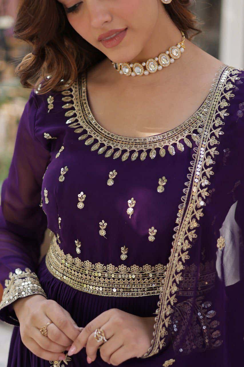 “Elegance Redefined: Faux Blooming Embroidered Gown with Sequins and Designer Dupatta”